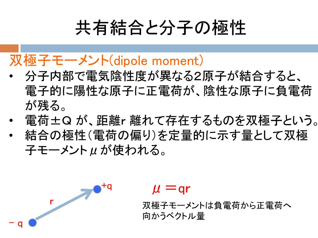 共有結合と分子の極性 双極子モーメント(dipole moment) μ＝qｒ
