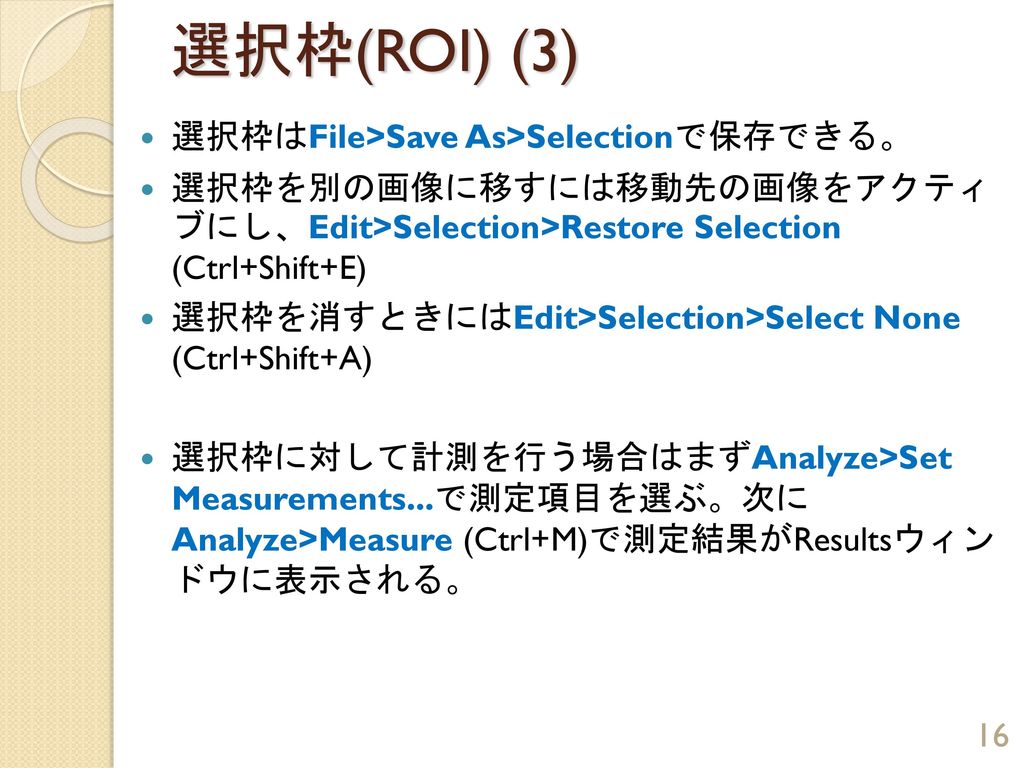 選択枠(ROI) (3) 選択枠はFile>Save As>Selectionで保存できる。