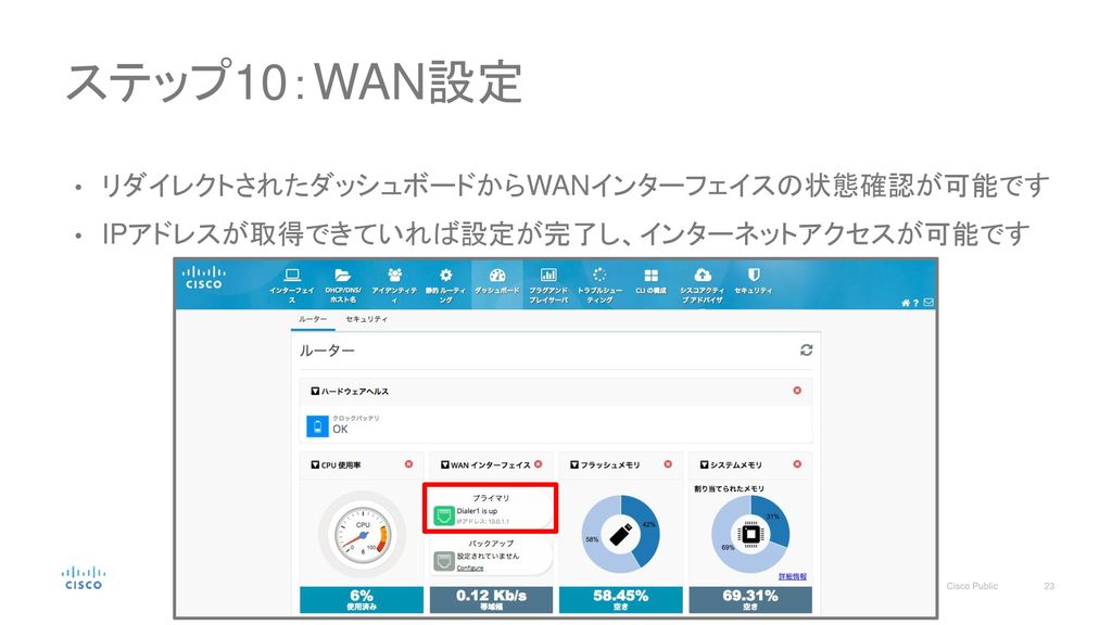 ステップ10：WAN設定 リダイレクトされたダッシュボードからWANインターフェイスの状態確認が可能です