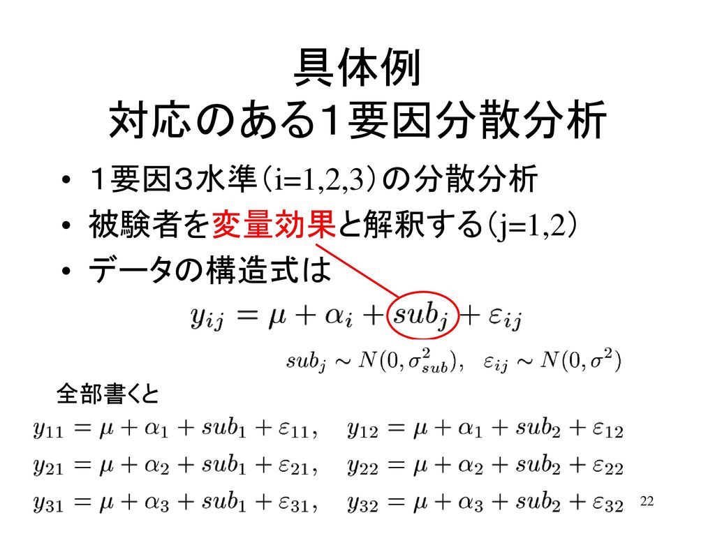 具体例 対応のある１要因分散分析 １要因３水準（i=1,2,3）の分散分析 被験者を変量効果と解釈する（j=1,2） データの構造式は