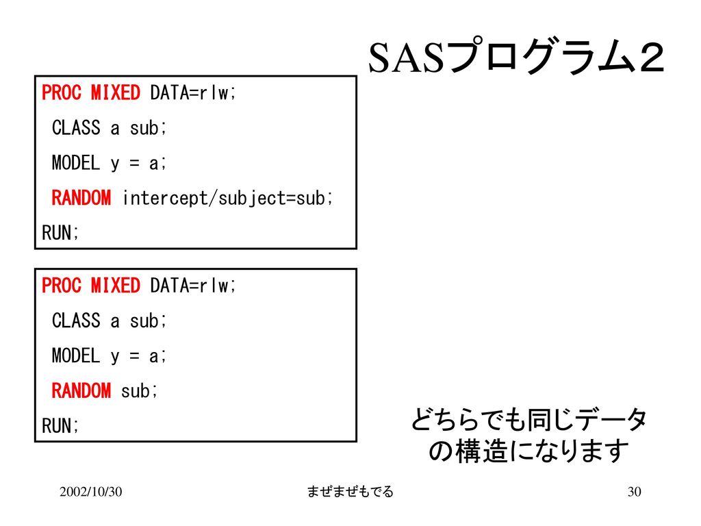 SASプログラム２ どちらでも同じデータの構造になります PROC MIXED DATA=rlw; CLASS a sub;