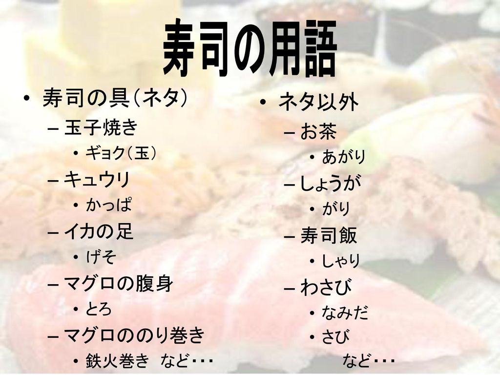 寿司の用語 寿司の具（ネタ） ネタ以外 玉子焼き お茶 キュウリ しょうが イカの足 寿司飯 マグロの腹身 わさび マグロののり巻き