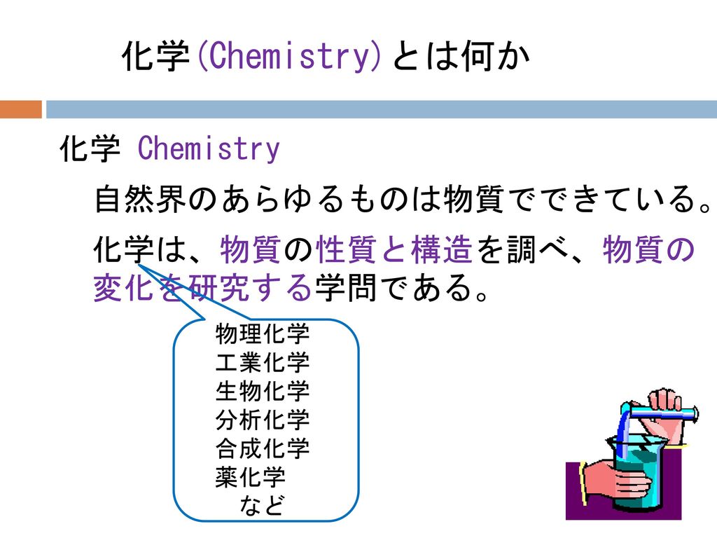 化学(Chemistry)とは何か 化学 Chemistry 自然界のあらゆるものは物質でできている。