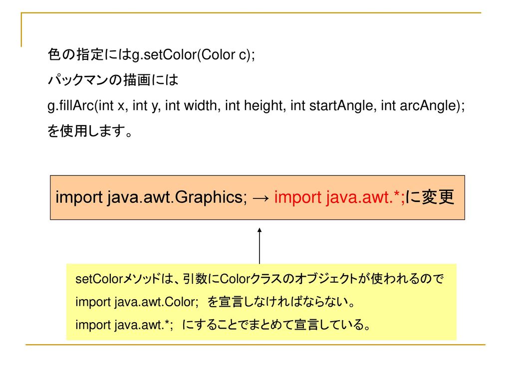 import java.awt.Graphics; → import java.awt.*;に変更