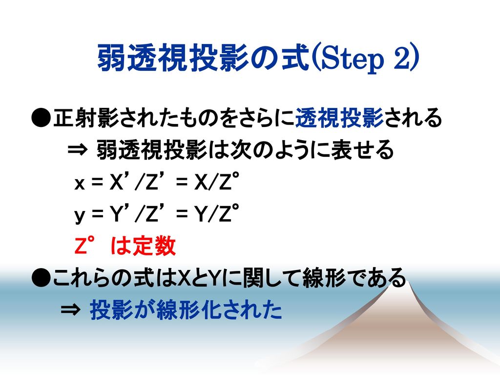 弱透視投影の式(Step 2) ●正射影されたものをさらに透視投影される ⇒ 弱透視投影は次のように表せる x = X’/Z’ = X/Z°