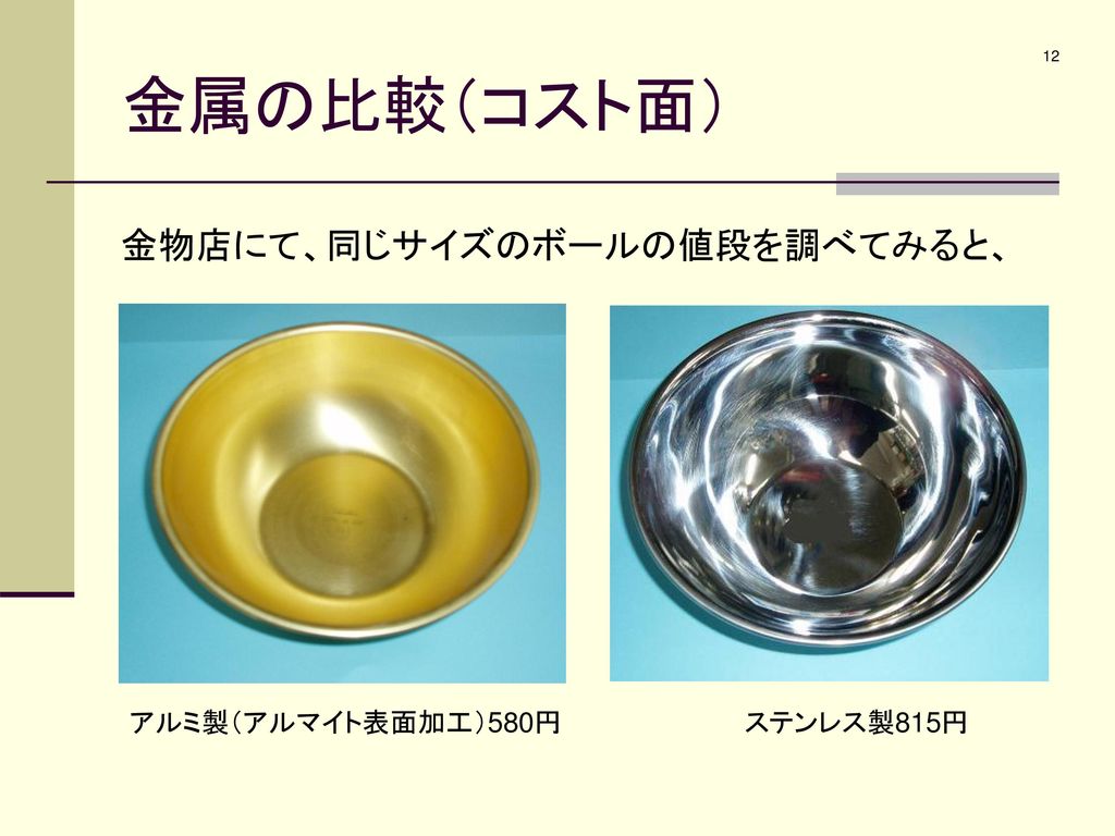 金属の比較（コスト面） 金物店にて、同じサイズのボールの値段を調べてみると、 アルミ製（アルマイト表面加工）580円 ステンレス製815円