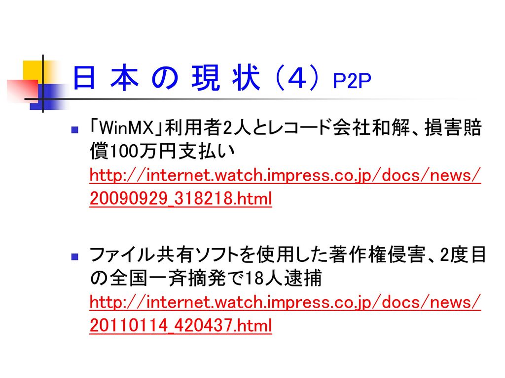 日 本 の 現 状 （４） P2P 「WinMX」利用者2人とレコード会社和解、損害賠償100万円支払い