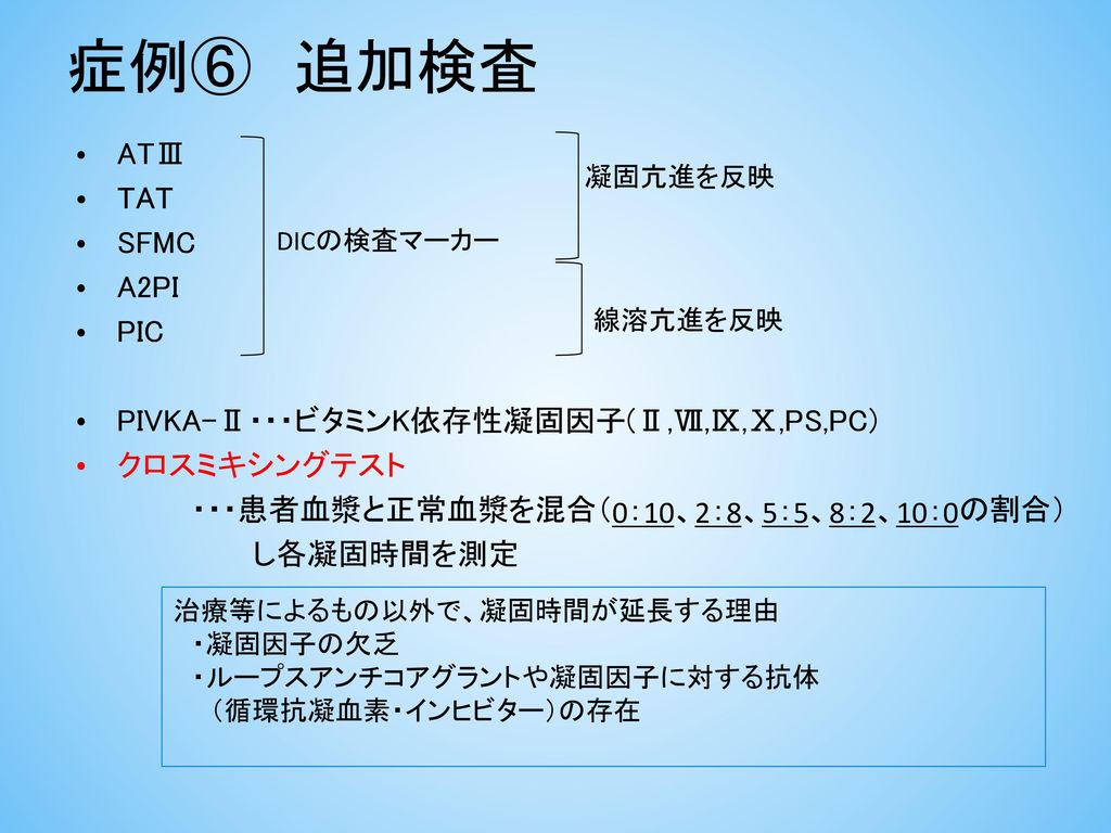 症例⑥ 追加検査 ATⅢ TAT SFMC A2PI PIC PIVKA-Ⅱ・・・ビタミンK依存性凝固因子(Ⅱ,Ⅶ,Ⅸ,Ⅹ,PS,PC)