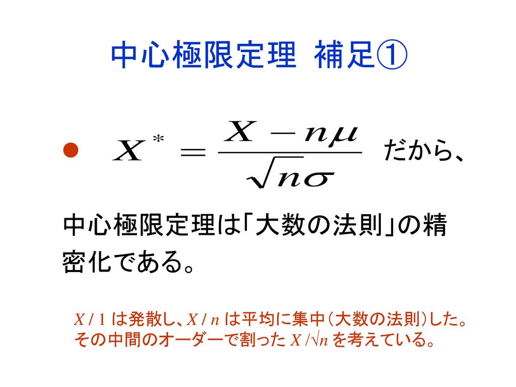 中心極限定理 補足① だから、 中心極限定理は「大数の法則」の精密化である。