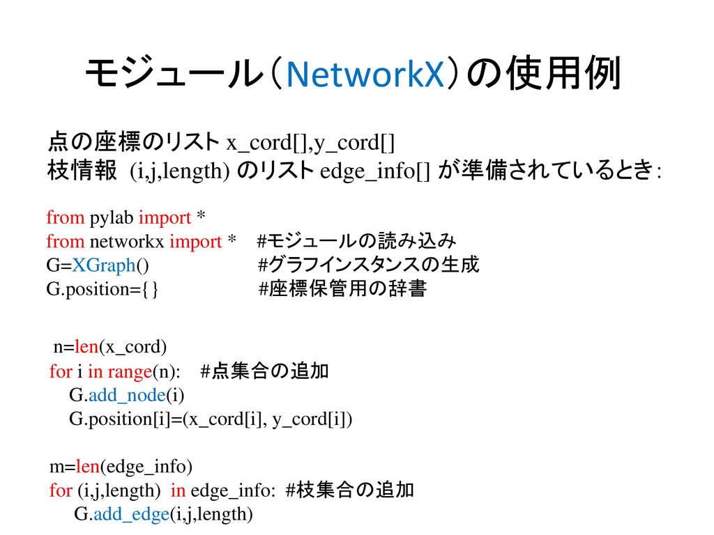 モジュール（NetworkX）の使用例 点の座標のリスト x_cord[],y_cord[]