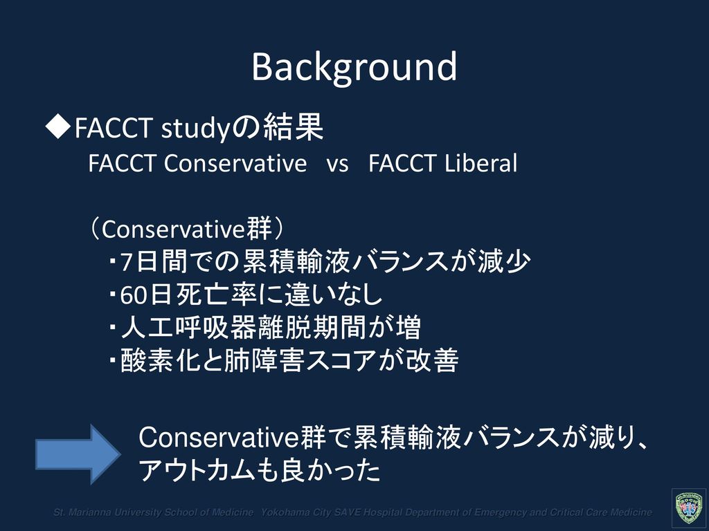 Background FACCT studyの結果 FACCT Conservative vs FACCT Liberal （Conservative群） ・7日間での累積輸液バランスが減少 ・60日死亡率に違いなし ・人工呼吸器離脱期間が増 ・酸素化と肺障害スコアが改善.