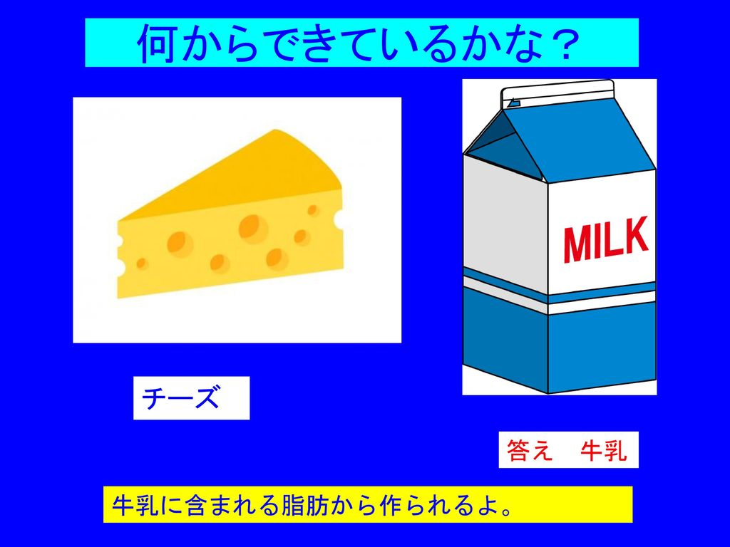 何からできているかな？ チーズ 答え 牛乳 牛乳に含まれる脂肪から作られるよ。