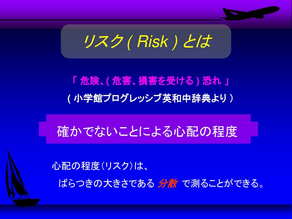リスク ( Risk ) とは 確かでないことによる心配の程度 「 危険、( 危害、損害を受ける ) 恐れ 」