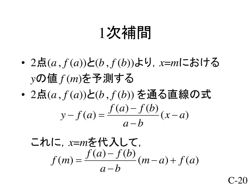 1次補間 2点(a , f (a))と(b , f (b))より，x=mにおける yの値 f (m)を予測する