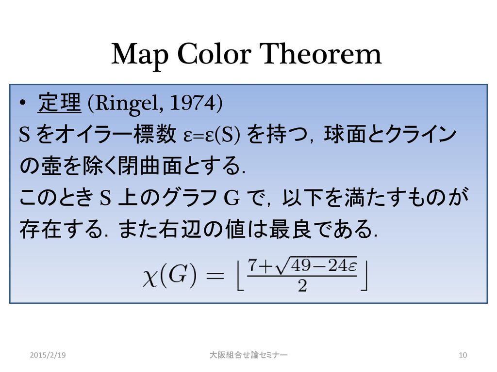 Map Color Theorem 定理 (Ringel, 1974) S をオイラー標数 ε=ε(S) を持つ，球面とクライン