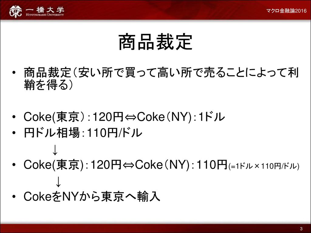 商品裁定 商品裁定（安い所で買って高い所で売ることによって利鞘を得る） Coke(東京）：120円⇔Coke（NY)：1ドル