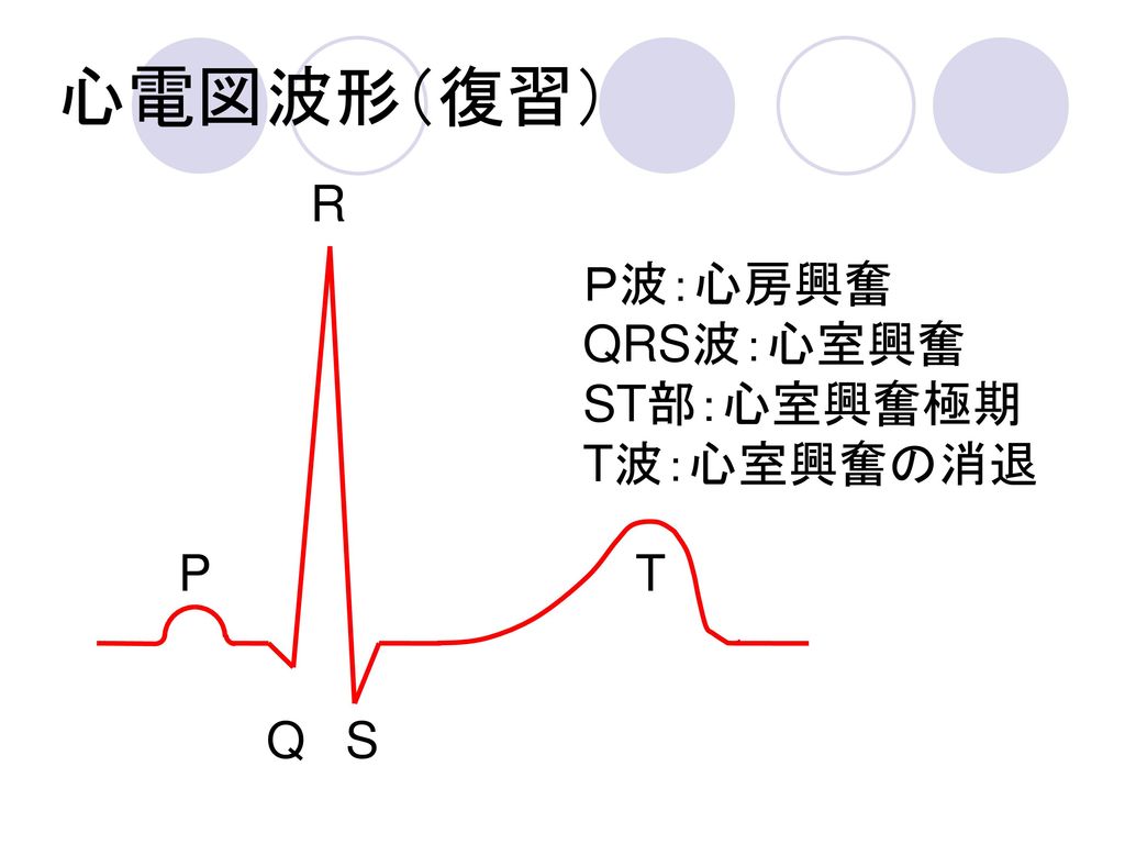 心電図波形（復習） R Ｐ波：心房興奮 QRS波：心室興奮 ST部：心室興奮極期 T波：心室興奮の消退 P T Q S