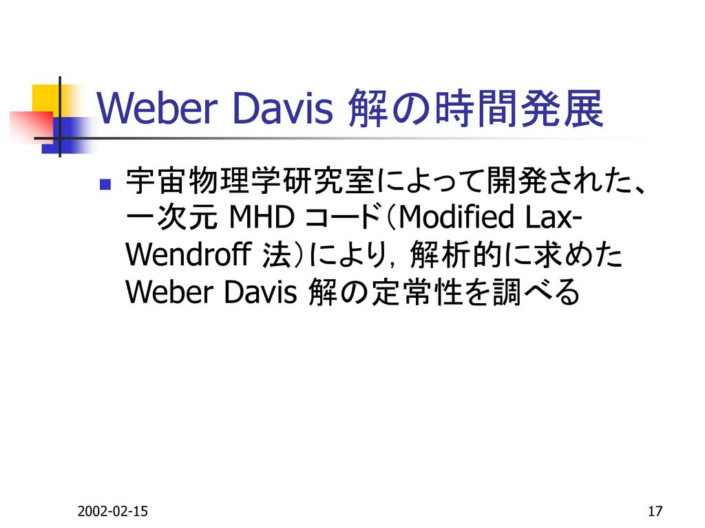 Weber Davis 解の時間発展 宇宙物理学研究室によって開発された、一次元 MHD コード（Modified Lax-Wendroff 法）により，解析的に求めた Weber Davis 解の定常性を調べる.
