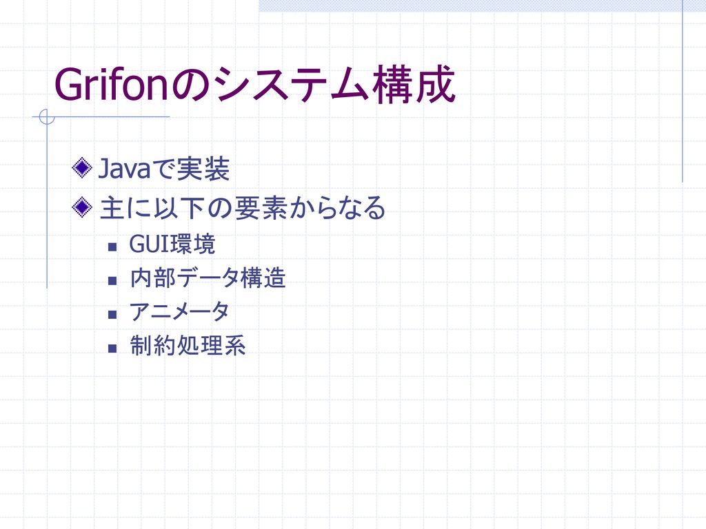 Grifonのシステム構成 Javaで実装 主に以下の要素からなる GUI環境 内部データ構造 アニメータ 制約処理系