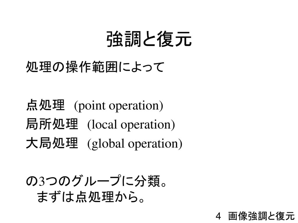 強調と復元 処理の操作範囲によって 点処理 (point operation) 局所処理 (local operation)
