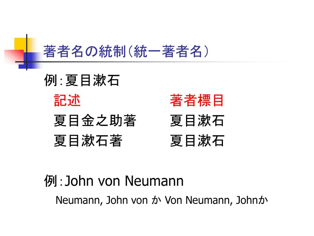 著者名の統制（統一著者名） 例：夏目漱石 記述 著者標目 夏目金之助著 夏目漱石 夏目漱石著 夏目漱石 例：John von Neumann