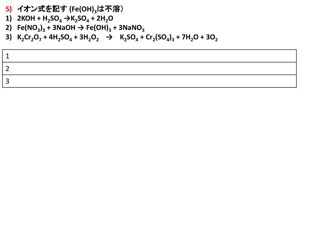 5) イオン式を記す (Fe(OH)3は不溶） 2KOH + H2SO4 →K2SO4 + 2H2O. Fe(NO3)3 + 3NaOH → Fe(OH)3 + 3NaNO3.