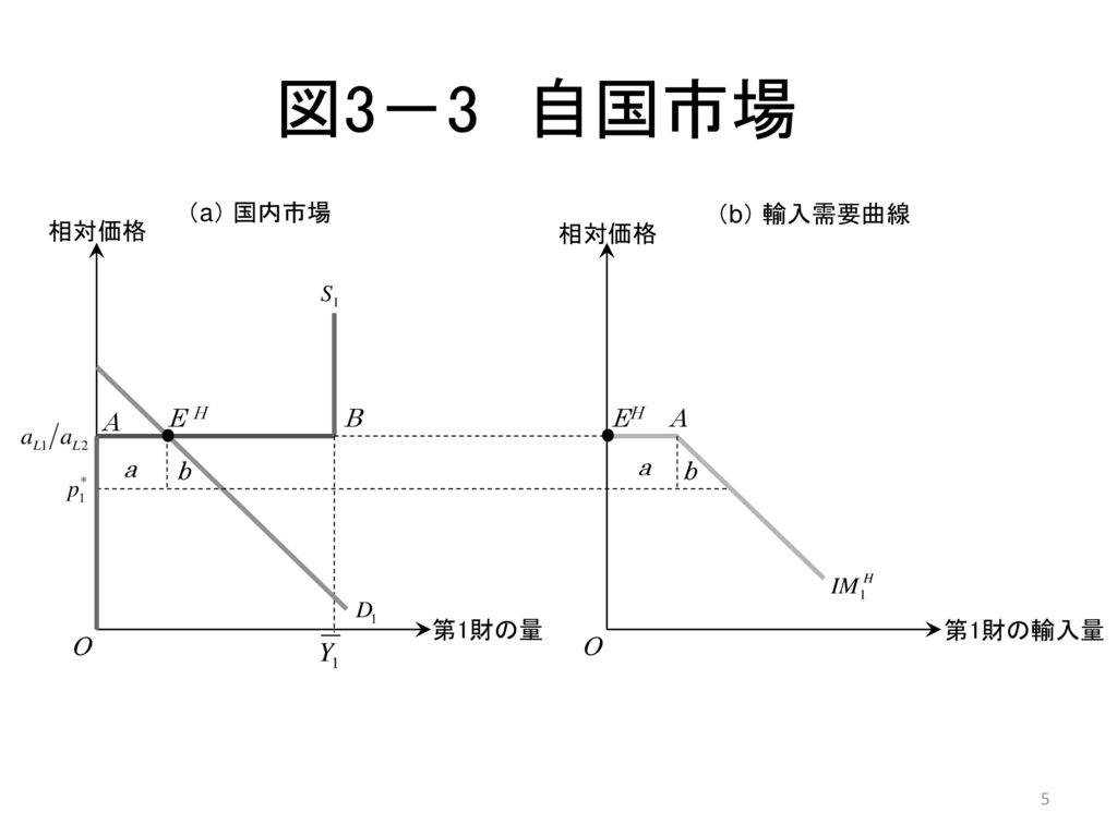 図3－3 自国市場 （a） 国内市場 （b） 輸入需要曲線 相対価格 相対価格 A E H B EH A a b a b 第1財の量