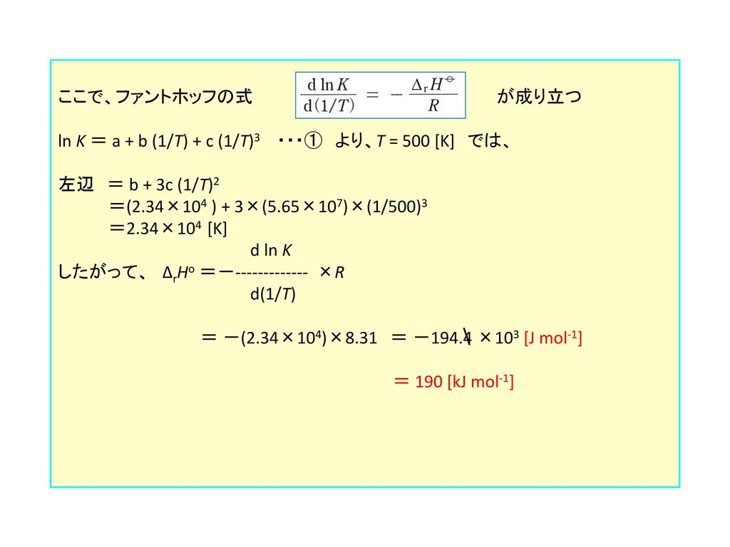 ここで、ファントホッフの式 が成り立つ ln K ＝ a + b (1/T) + c (1/T)3 ・・・① より、T = 500 [K] では、 左辺 ＝ b + 3c (1/T)2.
