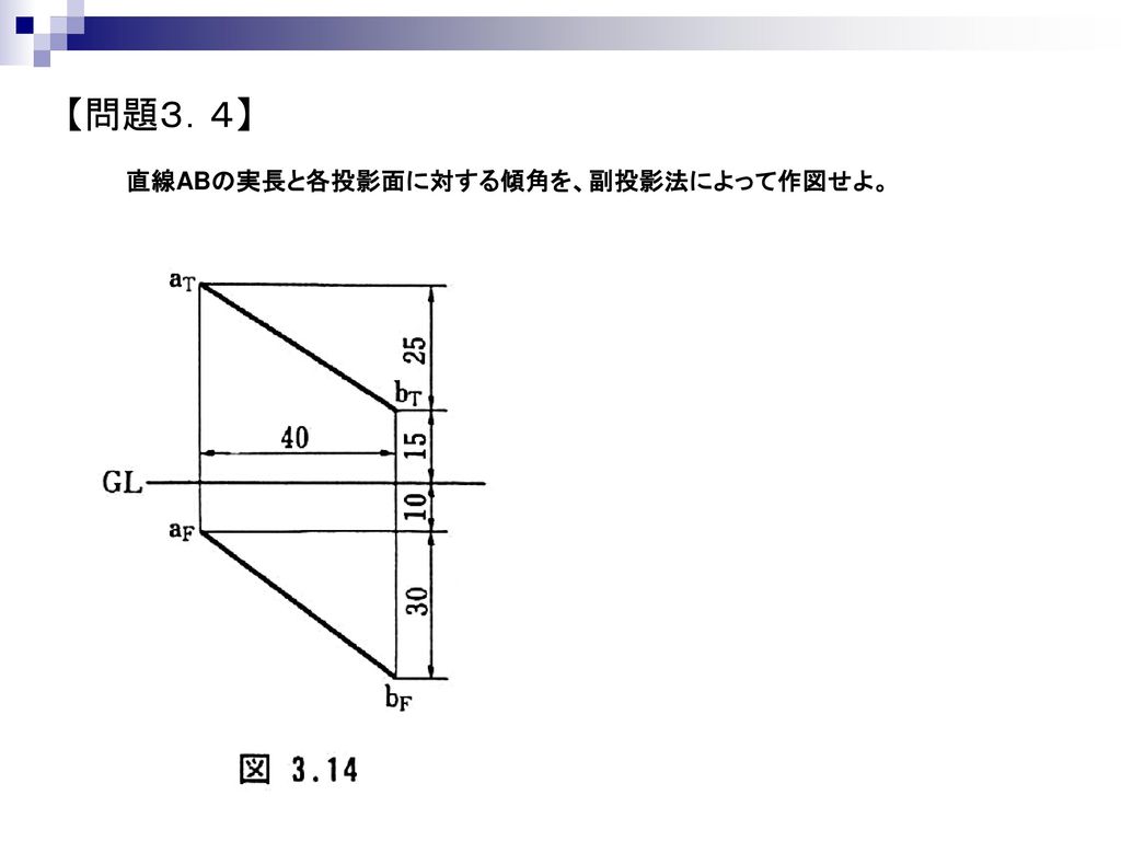 【問題３．４】 直線ABの実長と各投影面に対する傾角を、副投影法によって作図せよ。