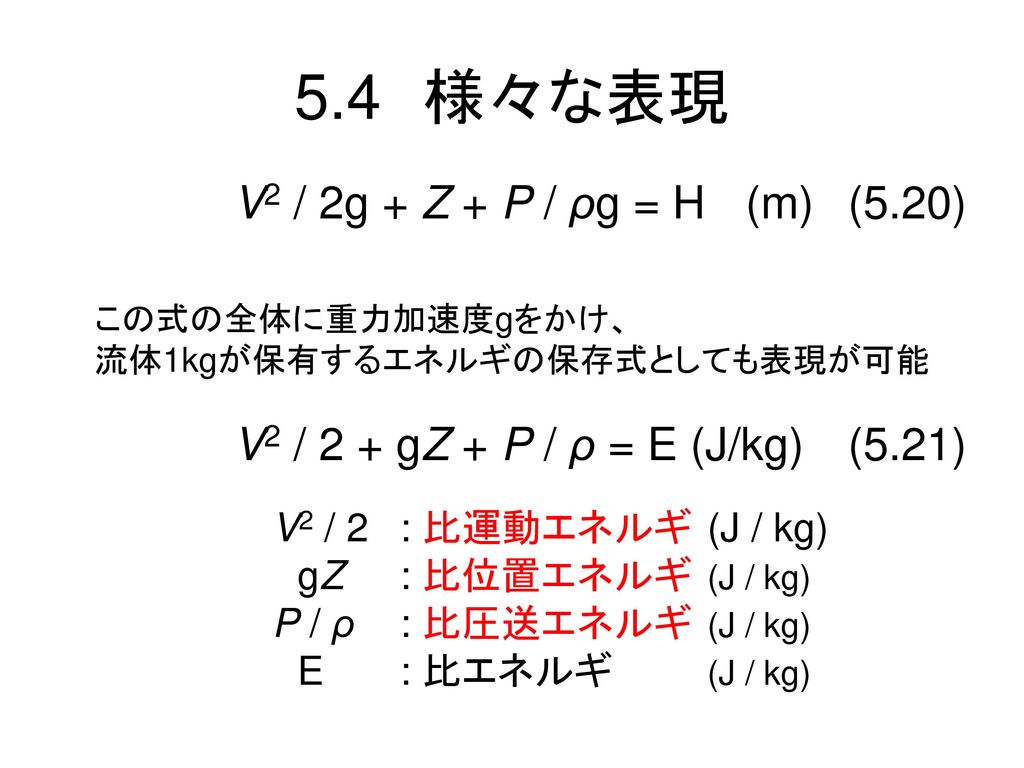 5.4 様々な表現 V2 / 2g + Z + P / ρg = H (m) (5.20)