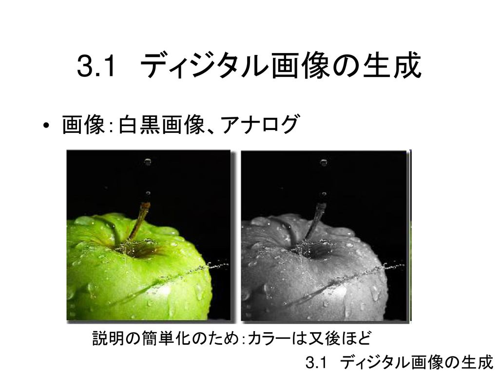 3.1 ディジタル画像の生成 画像：白黒画像、アナログ 説明の簡単化のため：カラーは又後ほど 3.1 ディジタル画像の生成