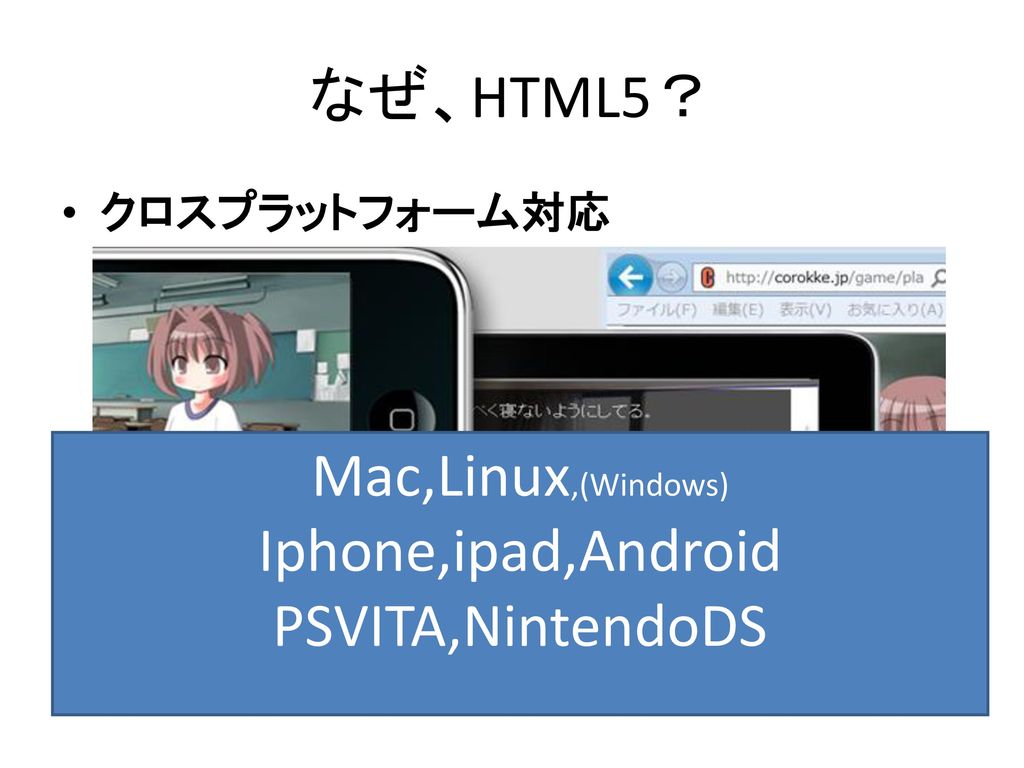 なぜ、HTML5？ Mac,Linux,(Windows) Iphone,ipad,Android PSVITA,NintendoDS