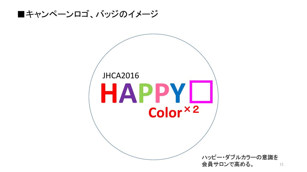 ■キャンペーンロゴ、バッジのイメージ JHCA2016 HAPPY🎶 Color×２ ハッピー・ダブルカラーの意識を 会員サロンで高める。