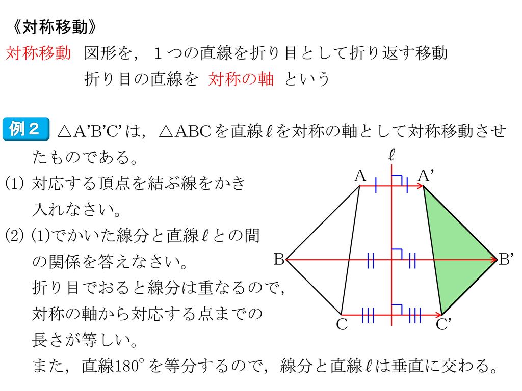 《対称移動》 対称移動. 図形を，１つの直線を折り目として折り返す移動. 折り目の直線を 対称の軸 という. 例２. △A’B’C’^^は，△ABC^^を直線^^l^^を対称の軸として対称移動させたものである。