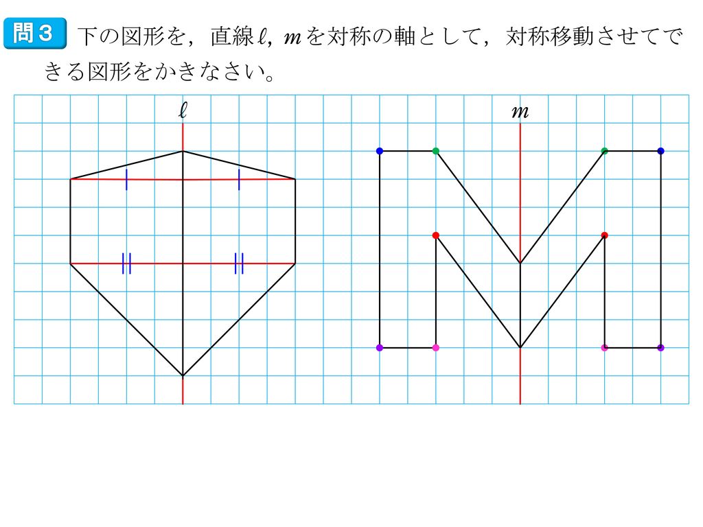 問３ 下の図形を，直線^^l, m^^を対称の軸として，対称移動させてできる図形をかきなさい。 l m