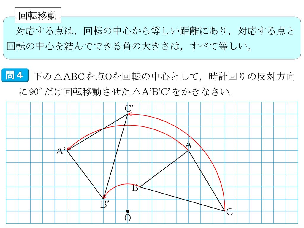 回転移動 対応する点は，回転の中心から等しい距離にあり，対応する点と回転の中心を結んでできる角の大きさは，すべて等しい。 問４. 下の^^△ABC^^を点Oを回転の中心として，時計回りの反対方向に^^90.だけ回転移動させた^^△A’B’C’^^をかきなさい。