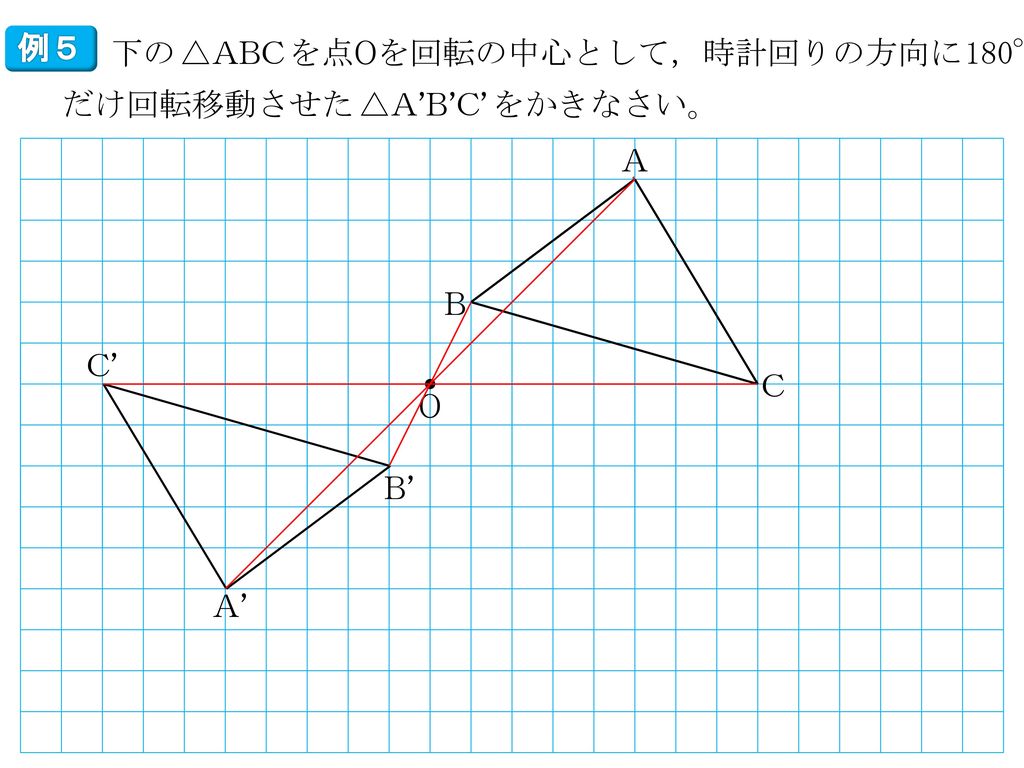 例５ 下の^^△ABC^^を点Oを回転の中心として，時計回りの方向に^180.だけ回転移動させた^^△A’B’C’^^をかきなさい。 A B C’ C O B’ A’