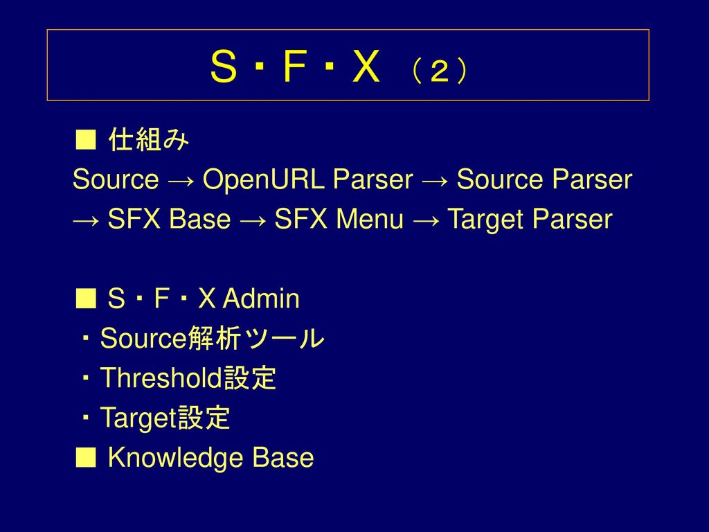 S・F・X （２） ■ 仕組み Source → OpenURL Parser → Source Parser