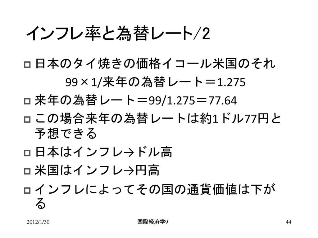 インフレ率と為替レート/2 日本のタイ焼きの価格イコール米国のそれ 99×1/来年の為替レート＝1.275