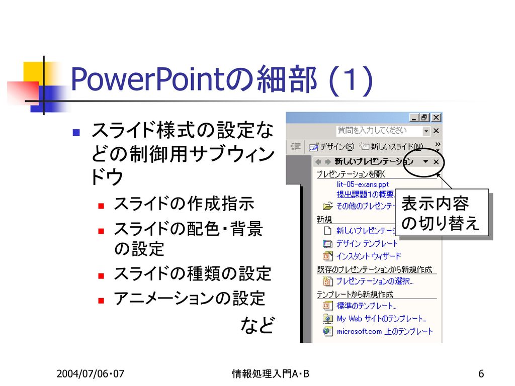 PowerPointの細部 (１) スライド様式の設定などの制御用サブウィンドウ など スライドの作成指示 スライドの配色・背景の設定