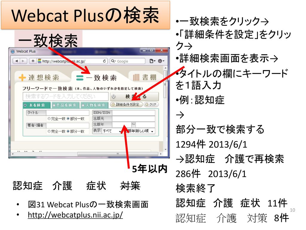 Webcat Plusの検索 一致検索 一致検索をクリック→ 「詳細条件を設定」をクリック→ 詳細検索画面を表示→