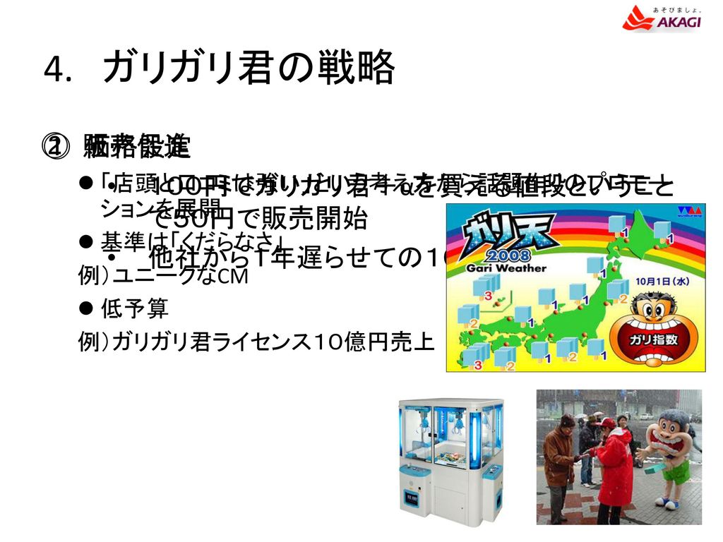 ガリガリ君の戦略 販売促進 価格設定 １００円でガリガリ君＋αを買える値段ということで５０円で販売開始 他社から１年遅らせての１０円値上げ