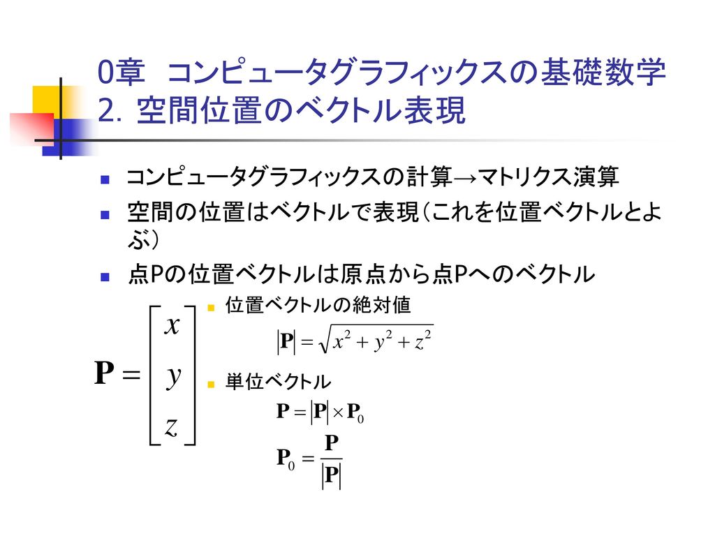 0章 コンピュータグラフィックスの基礎数学 2．空間位置のベクトル表現