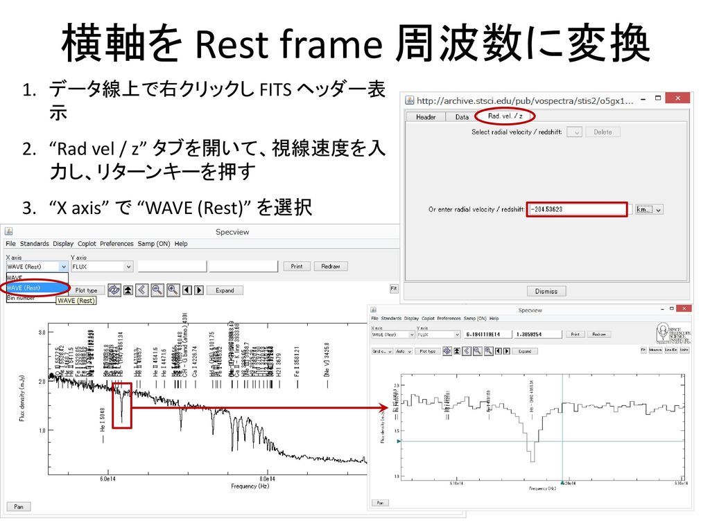 横軸を Rest frame 周波数に変換 データ線上で右クリックし FITS ヘッダー表 示
