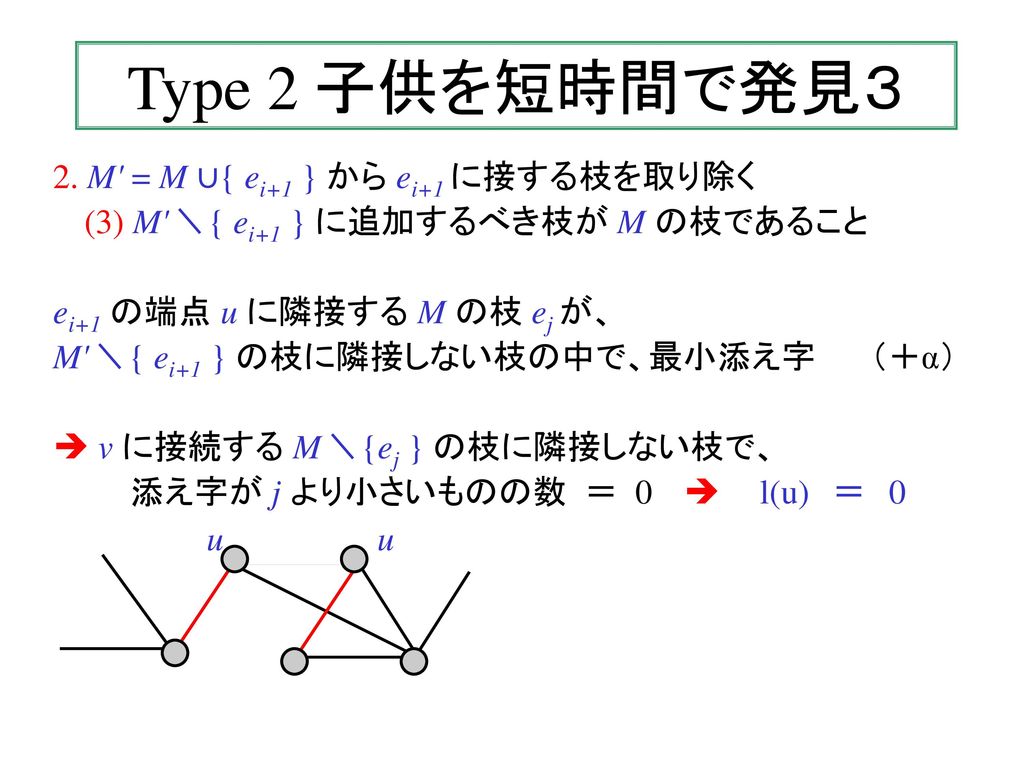 Type 2 子供を短時間で発見３ 2. M = M ∪{ ei+1 } から ei+1 に接する枝を取り除く