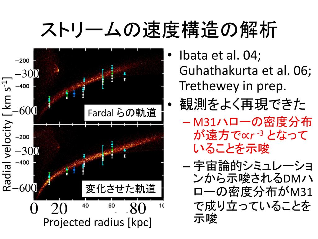 ストリームの速度構造の解析 Ibata et al. 04; Guhathakurta et al. 06; Trethewey in prep. 観測をよく再現できた. M31ハローの密度分布が遠方で∝r -3 となっていることを示唆.