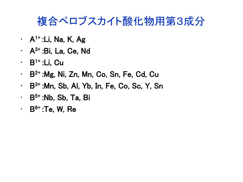 複合ペロブスカイト酸化物用第３成分 A1+ :Li, Na, K, Ag A3+ :Bi, La, Ce, Nd B1+ :Li, Cu