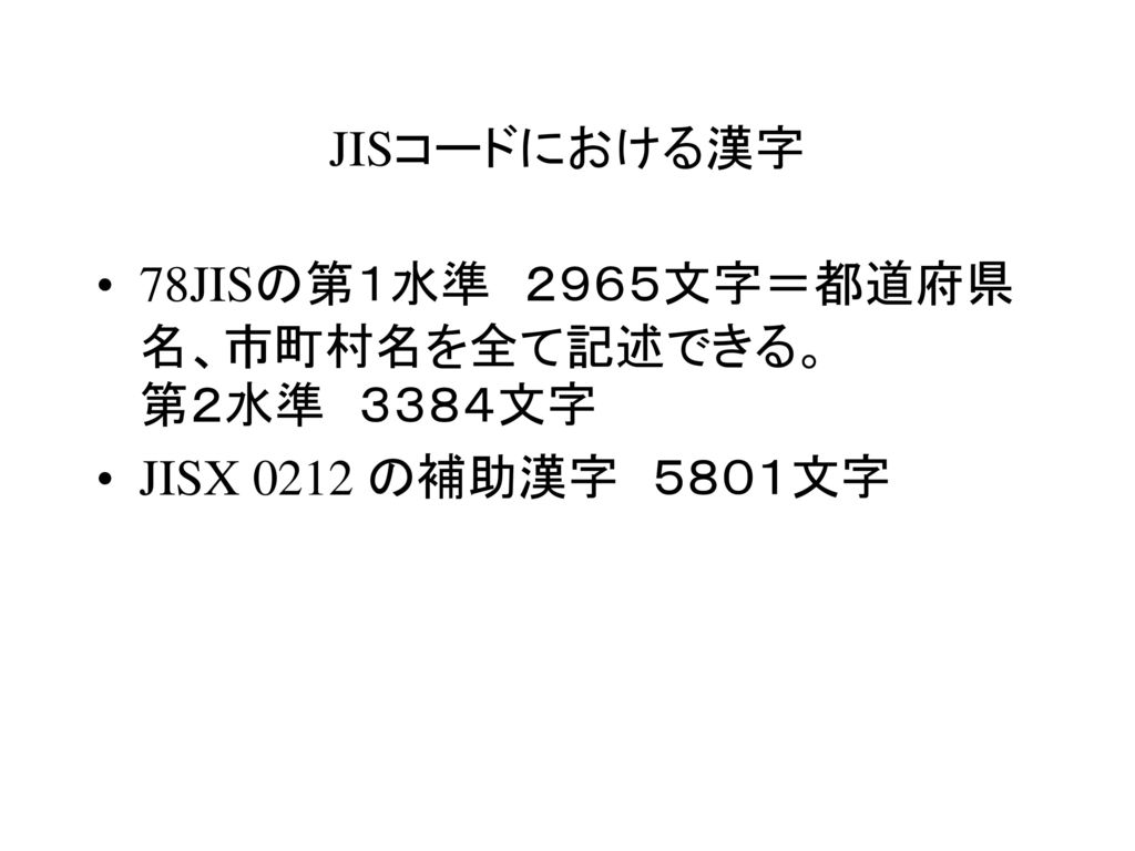 JISコードにおける漢字 78JISの第１水準 ２９６５文字＝都道府県 名、市町村名を全て記述できる。 第２水準 ３３８４文字 JISX 0212 の補助漢字 ５８０１文字