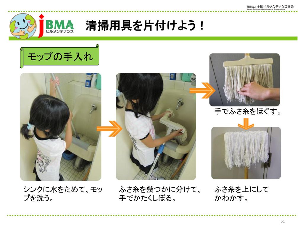 清掃用具を片付けよう！ モップの手入れ 手でふさ糸をほぐす。 シンクに水をためて、モップを洗う。 ふさ糸を幾つかに分けて、手でかたくしぼる。