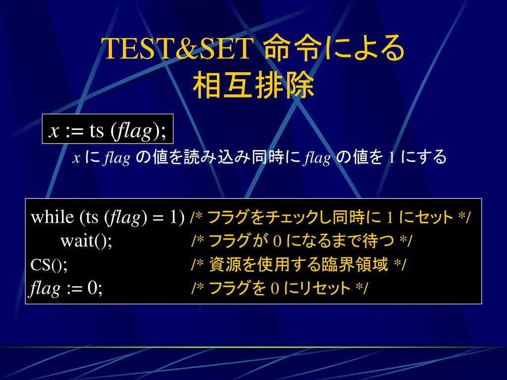 TEST&SET 命令による 相互排除 x := ts (flag);